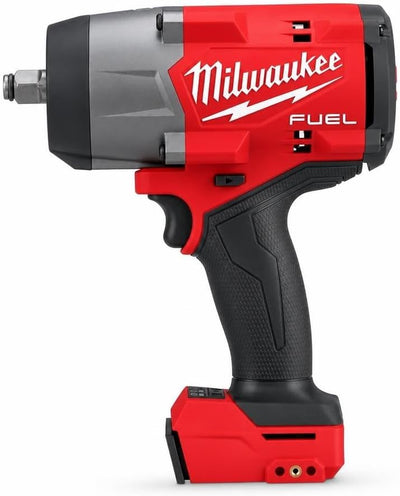 Milwaukee FUEL cordless impact wrench in red and black, shown from a three-quarters angle on a white background.